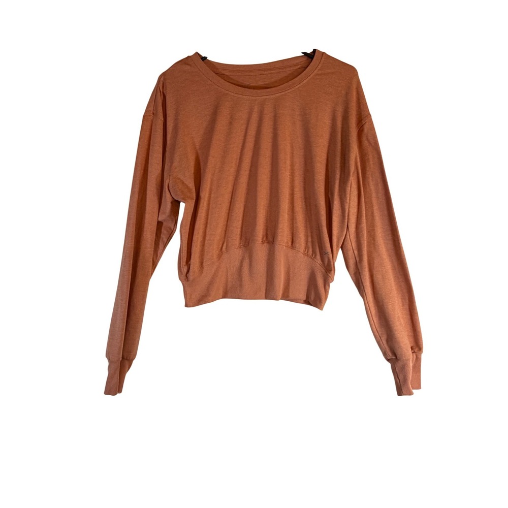 Freely Womens Medium Coral Heathered Long Sleeve Cropped Ribbed Hem Active Top